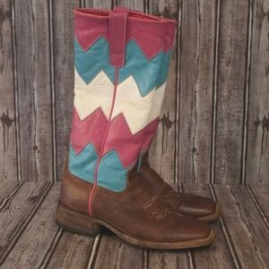 Sz 6.5 M Women's Macie Bean Brown Pink Turquoise Chevron Western Cowboy Boots